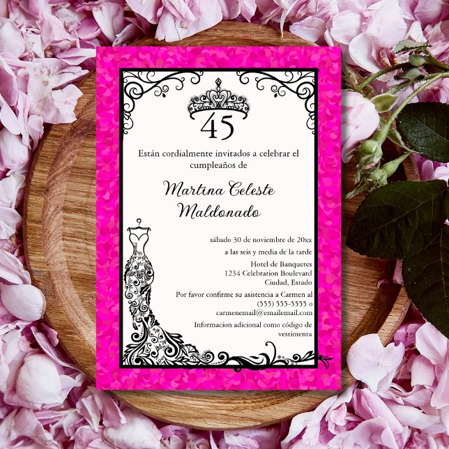 Spansk het rosa svart chic 45-årsfest inbjudningar (Skapare uppladdad)