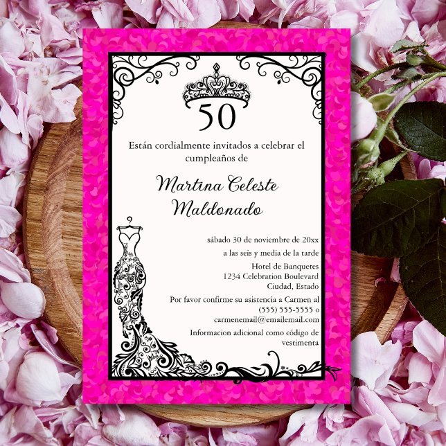 Spansk het rosa svart elegant 50-års födelsedagsfe inbjudningar (Skapare uppladdad)