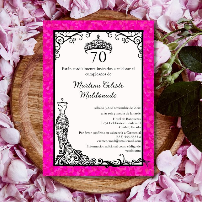 Spansk het rosa svart elegant 70-års födelsedagsfe inbjudningar (Skapare uppladdad)