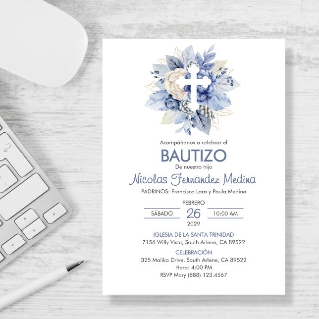 Spansk inbjudan Bautizo Blåa blommor Baptism (Skapare uppladdad)