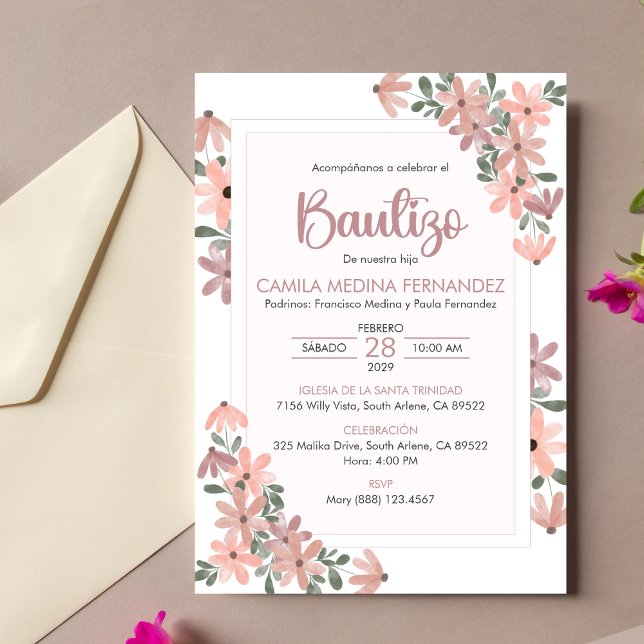 Spansk inbjudan: Bautizo Boho Flowers Baptism Inbjudningar (Skapare uppladdad)