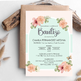 Spansk inbjudan Bautizo Rosa Flowers Baptism