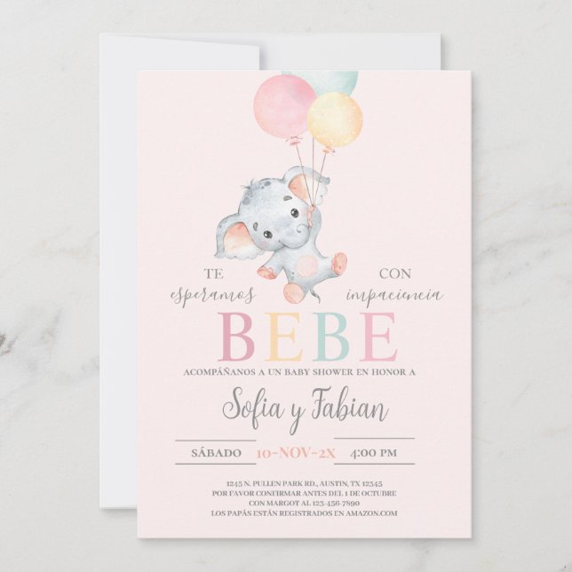 Spansk inbjudan till Elephant Baby Shower (Framsida)