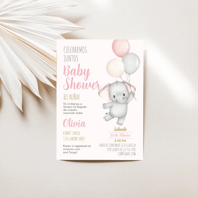 Spansk inbjudan till Elephant Baby Shower Girl (Skapare uppladdad)