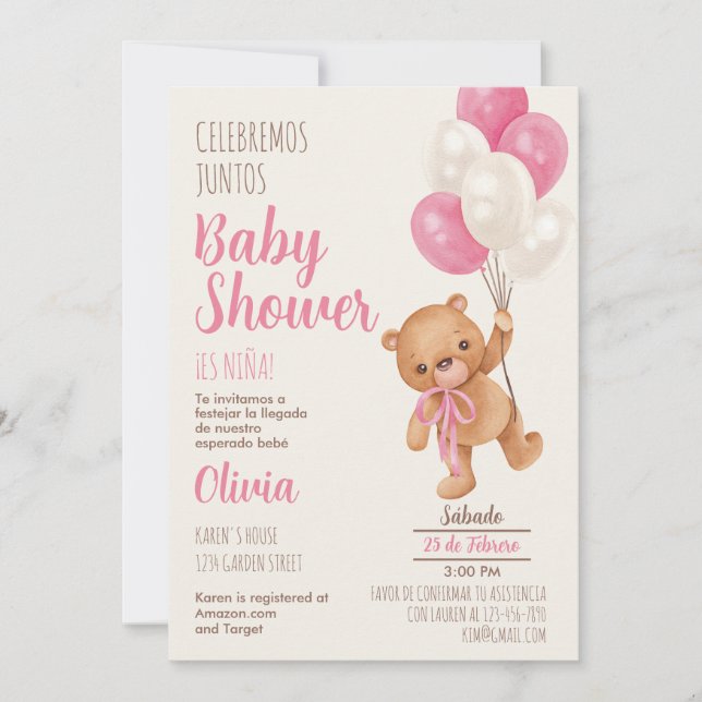 Spansk inbjudan till nalle Baby Shower Girl (Framsida)