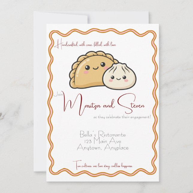 Spansk kinesisk Empanada Dumpling Mat Förlovning Inbjudningar (Framsida)