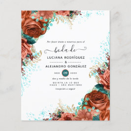 Spansk korall- och tealblommig bröllopsfest flygblad