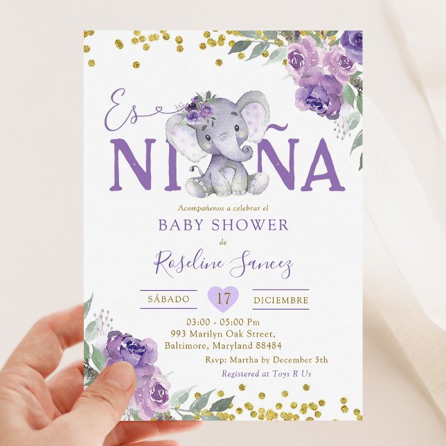 Spansk Lila Elephant Es Niñ a Baby Shower Inbjudningar (Skapare uppladdad)