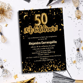 Spansk lyx svart & guld konfetti 50-års födelsedag inbjudningar