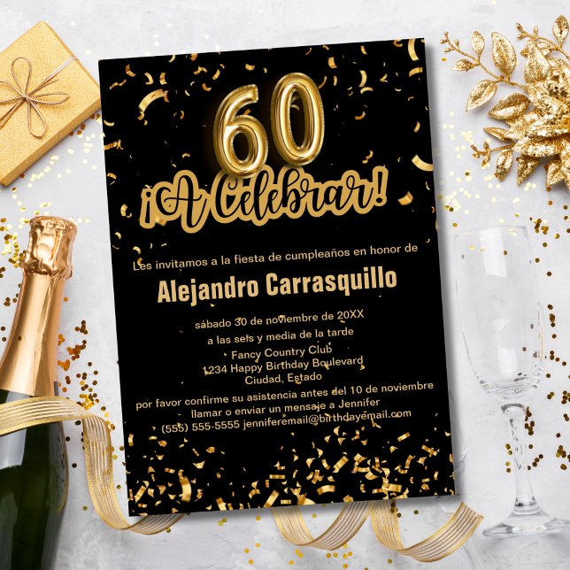 Spansk lyx svart & guld konfetti 60-års födelsedag inbjudningar (Skapare uppladdad)