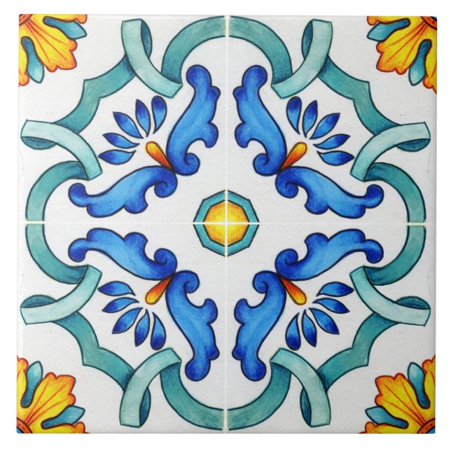 Spansk Majolica Blå Blommig Mozaik Kakelplatta (Framsidan)