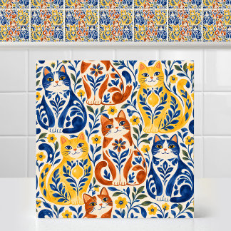 Spansk Majolica Folk Art Djärv Katt Keramik Mönste Kakelplatta