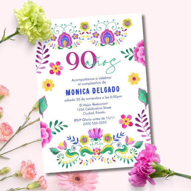 Spansk Mexikansk Fiesta Blommig 90-årsfest Inbjudningar (Skapare uppladdad)