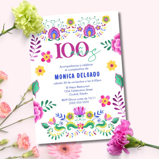 Spansk mexikansk fiesta blomster 100-års födelseda inbjudningar (Skapare uppladdad)