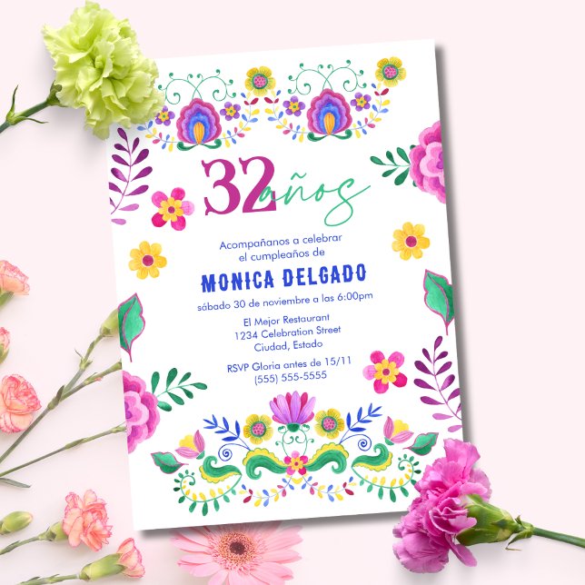 Spansk mexikansk fiesta blomster 32-års födelsedag inbjudningar (Skapare uppladdad)