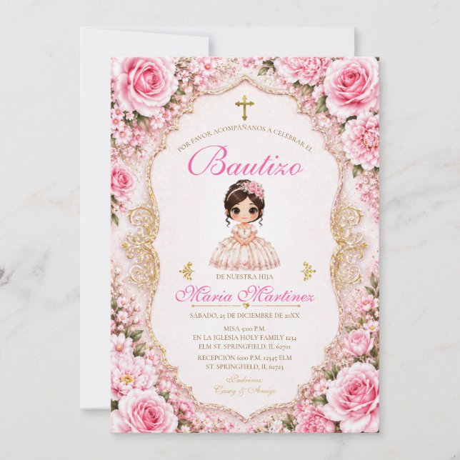 Spansk mexikansk flickklänning fiesta rosa Bautizo Inbjudningar (Framsida)