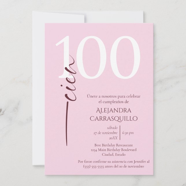 Spansk minimalistisk feminin rosa 100-årsdag inbjudningar (Framsida)