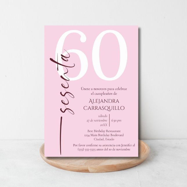 Spansk minimalistisk rosa elegant 60-årsdag inbjudningar (Skapare uppladdad)