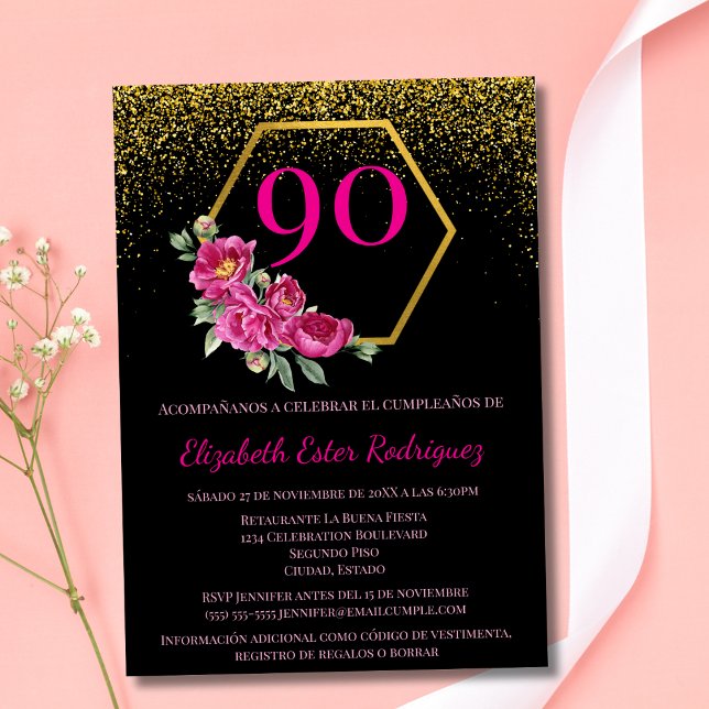 Spansk Modern Svart Guld & Rosa 90-årsdag Inbjudningar (Skapare uppladdad)