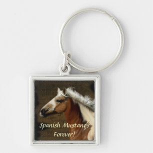 Spansk Mustang Horse Equine-älskare Keychain Fyrkantig Silverfärgad Nyckelring