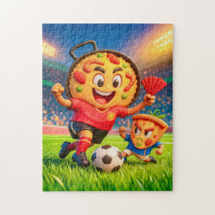 Spansk paella mot italiensk pizza fotbollsduell pussel