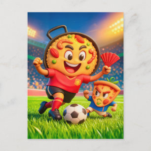 Spansk paella mot italiensk pizza i en fotbollsdue vykort