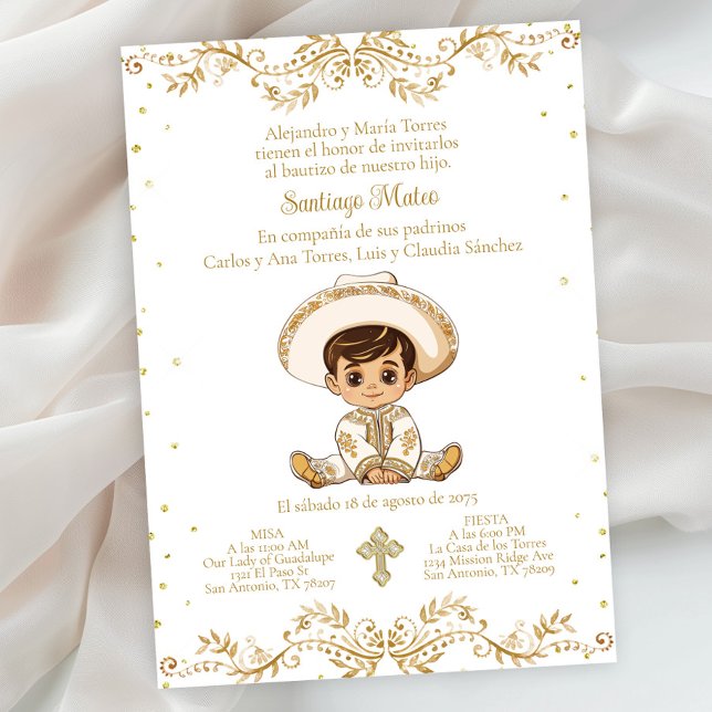Spansk pojke Charro dop Inbjudningar (Boy gold charro baptism invitation. Simply add your event details.)