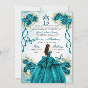 Spansk Quinceañera Aqua Teal 15 År Prinsessa Inbjudningar