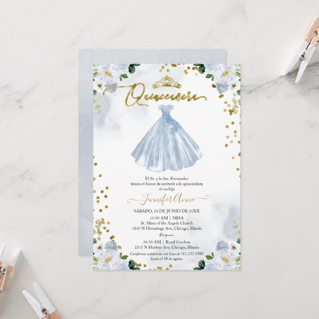 Spansk Quinceanera-inbjudan Blå Blommig Klänning Inbjudningar (Fram/Back In Situ)