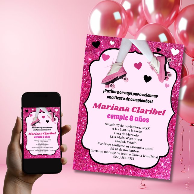 Spansk Retro Rosa Glitter Skridsko Flickas Födelse Inbjudningar (Skapare uppladdad)