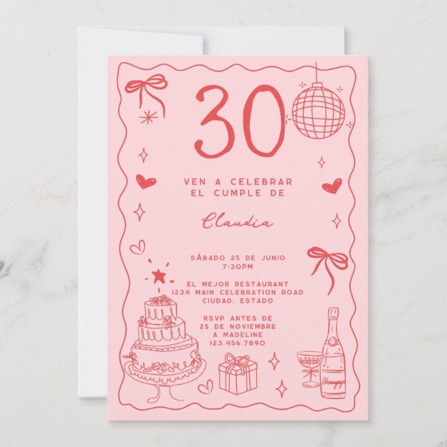 Spansk Retro Sällsam Röd Rosa 30-års Födelsedag Inbjudningar (Framsida)