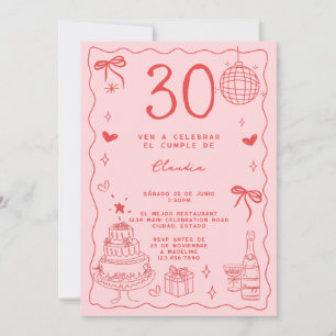 Spansk Retro Sällsam Röd Rosa 30-års Födelsedag Inbjudningar