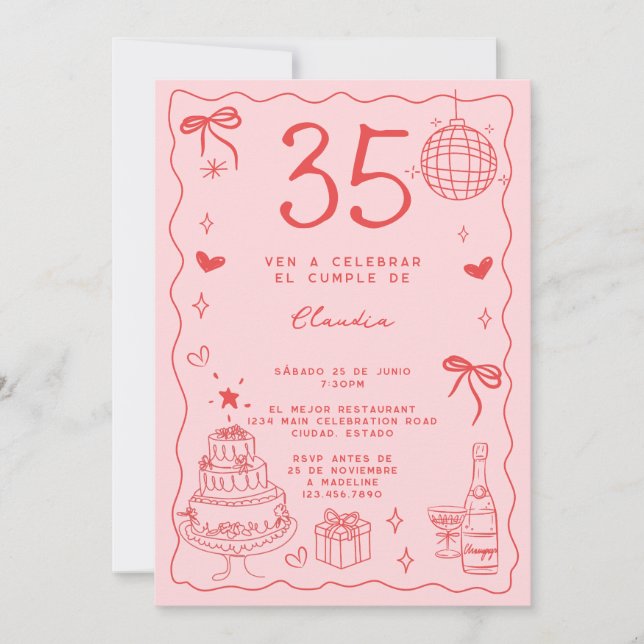 Spansk Retro Sällsam Röd Rosa 35-årsdag Inbjudningar (Framsida)