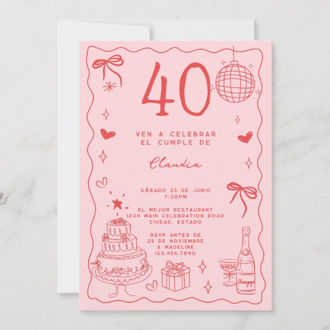 Spansk Retro Sällsam Röd Rosa 40-årsdag Inbjudningar (Framsida)