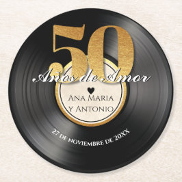 Spansk Retro Vinylskiva 50-årsjubileum Underlägg Papper Rund