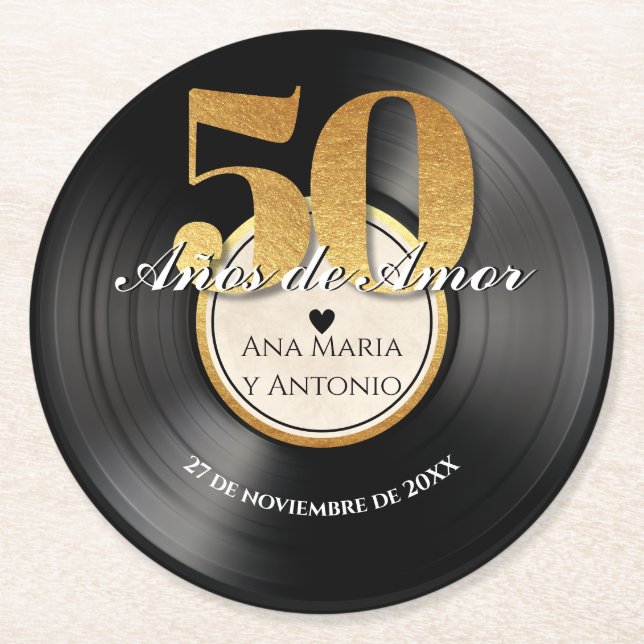 Spansk Retro Vinylskiva 50-årsjubileum Underlägg Papper Rund (Framsidan)