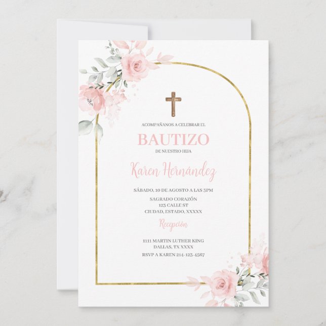 Spansk  Rosa Baptism Inbjudningar (Framsida)