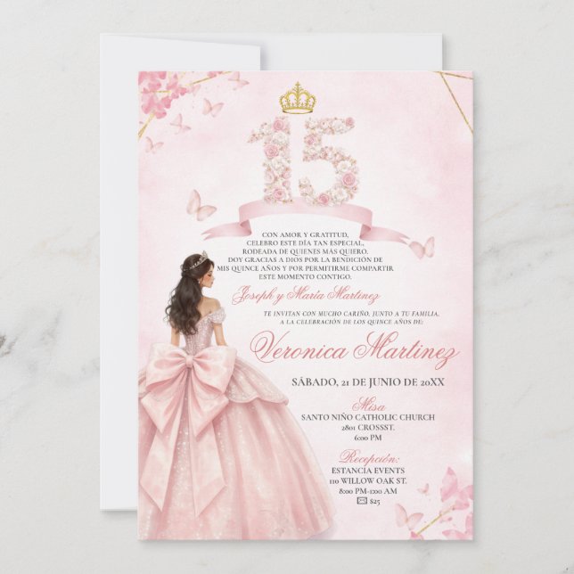 Spansk Rosa Blommig 15 År Prinsessa Klänning Quinc Inbjudningar (Framsida)