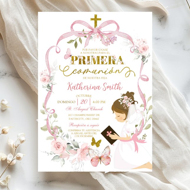 Spansk Rosa Blommig Band Coquette Primera Comunion Inbjudningar (Skapare uppladdad)