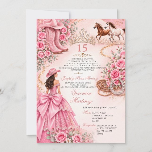 Spansk Rosa Blommig Charro Prinsessa Sweet 15 År Inbjudningar (Framsida)