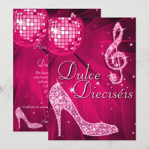 Spansk Rosa Disco Boll & Glitter Klackar Sweet 16 Inbjudningar