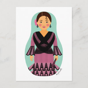 Spansk Rosa Dress Matryoshka Postcard Vykort