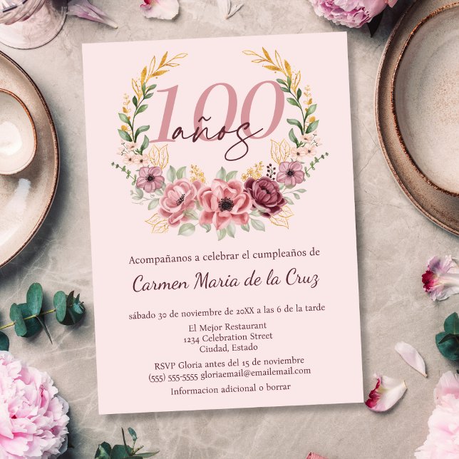 Spansk Rosa Elegant Blommig 100-års Födelsedagsfes Inbjudningar (Skapare uppladdad)