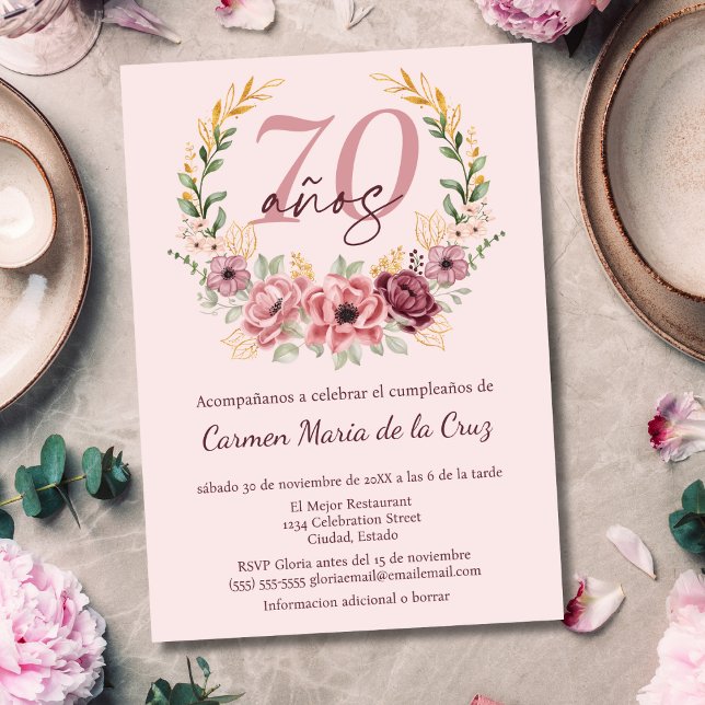 Spansk Rosa Elegant Blommig 70-års Födelsedagsfest Inbjudningar (Skapare uppladdad)