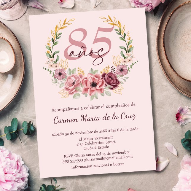 Spansk Rosa Elegant Blommig 85-års Födelsedagsfest Inbjudningar (Skapare uppladdad)