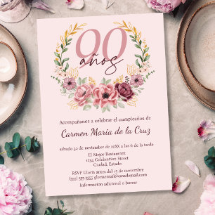 Spansk Rosa Elegant Blommig 90-års Födelsedagsfest Inbjudningar