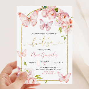 Spansk Rosa Peony Blommigt Butterfly Girl Bautizo Inbjudningar
