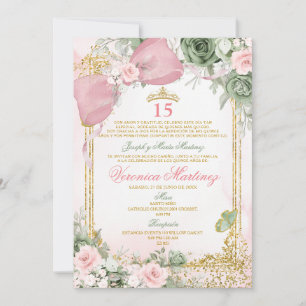 Spansk Rosa & Sagegrön Blommig 15 Års Födelsedag Inbjudningar