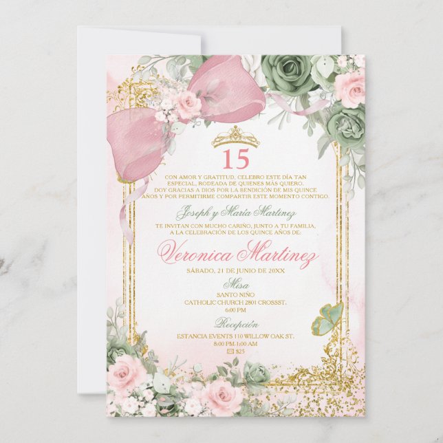 Spansk Rosa & Sagegrön Blommig 15 Års Födelsedag Inbjudningar (Framsida)