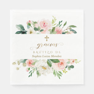 Spansk Rosa White Ivory Flowers Guld Girl Bautizo Pappersservett